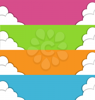 Four multicolored spring banners with white clouds