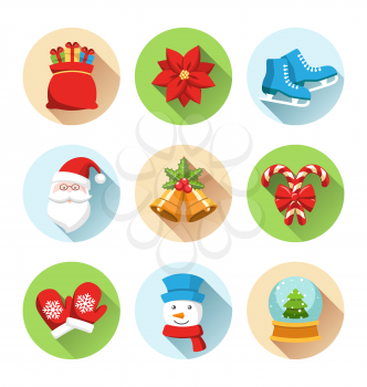 Set of Christmas Winter Circle Icons Isolated on White Background