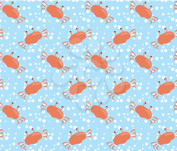 Seamless sea pattern. Orange crab and white bubbles on light blue background