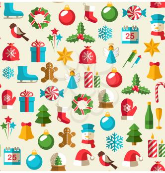 Seamless Winter Pattern with Christmas Flat Icons Isolated on Beige Background