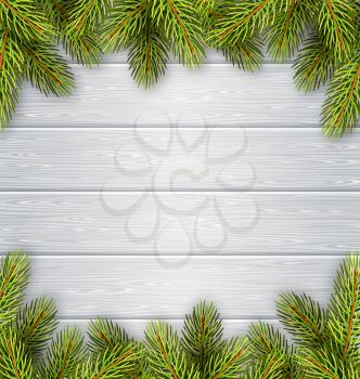 Christmas Tree Pine Branches Like Frame on White Wooden Background