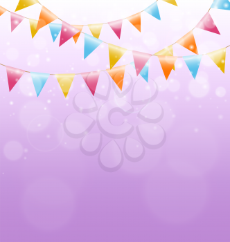 Multicolored bright buntings garlands on pink background