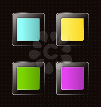 Four multicolred bright transparent glassy square icons on black background in points