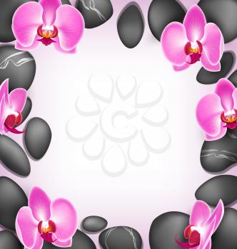 Spa stones with orchids pink flowers like frame on pink background