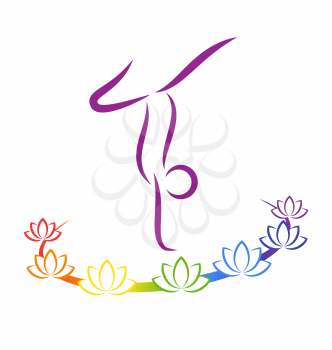 Emblem Yoga pose with chakra lotuses on grayscale background