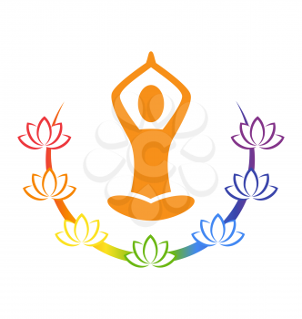 Emblem Yoga pose with chakra lotuses isolated on white background