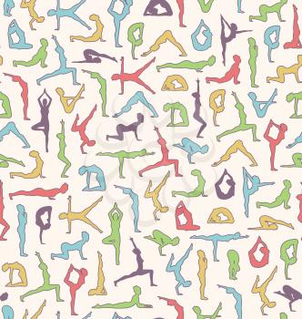 Yoga Seamless Pattern with Asanas Poses Isolated on Beige Background