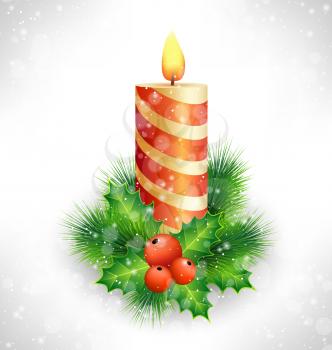 Burning Christmas candle with holly sprigs and pine branches in snowfall on grayscale background
