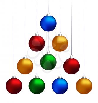 Ten multicolored christmas balls hanging like fir tree isolated on white background