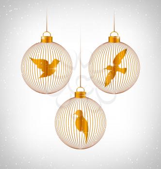 Golden Birds in golden Christmas balls in snowfall on grayscale background