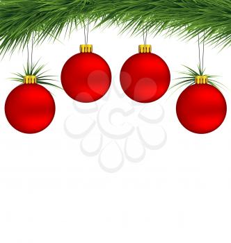 Red Christmas balls on pine branch isolated on white