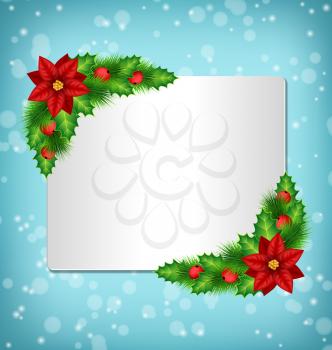 Blank frame with flower of poinsettia, holly sprigs and pine branches in snowfall on blue background
