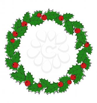 Flat Christmas wreath with holly sprigs isolated on white background