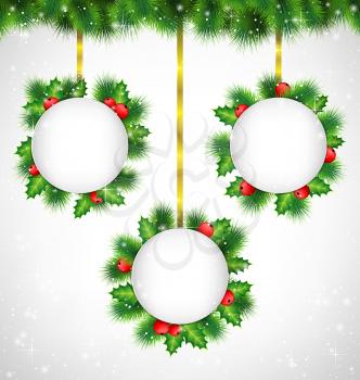 Three grayscale circle blank frames with holly sprigs and pine branches hanging on golden ribbons on pine in snowfall on grayscale background