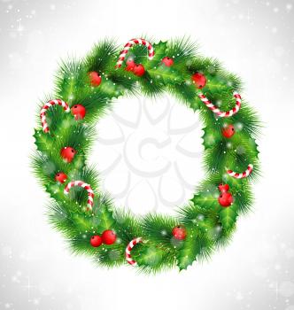 Christmas wreath with holly sprigs, pine branches and candy canes in snowfall on grayscale background