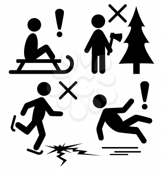 Set of Winter Caution Danger Information Flat Black Pictograms People Icons Isolated on White Background