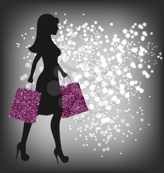 Black Friday Sale Shopping Woman with Bags on Dark Background