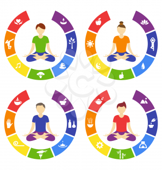 Yoga lifestyle circles set with people isolated on white background