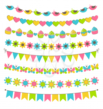 Set of multicolored flat buntings garlands flags isolated on white background
