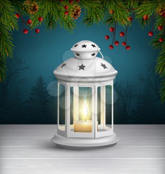 Christmas Lantern on Wooden Floor with Pine Branches on Dark Blue Background