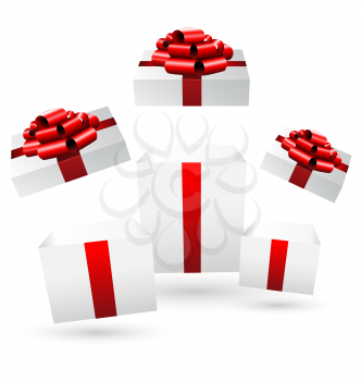 Three opened grayscale gift boxes with red bows on grayscale background