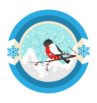 Christmas Winter and New Year Label Icon with Bullfinch and Mountains Isolated on White Background