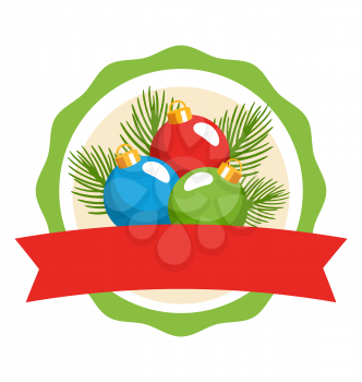 Circle Christmas Label Icon Flat with Balls and Pine Isolated on White Background