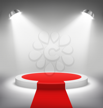 Illuminated Festive Stage Podium Scene with Red Carpet for Award Ceremony on White Background