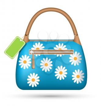 Blue woman spring bag with chamomiles flowers and sale label isolated on white background
