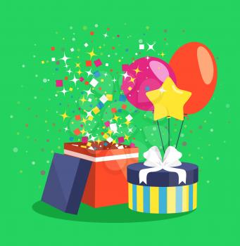 Air Ball Balloon Giftbox Gift and Confetti on Green Backgound