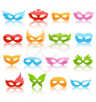 Set Collection of Glassy Colorful Carnival Masquerade Masks with Reflection Icons Isolated on White Background