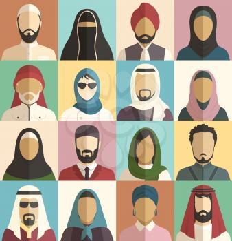 Set of Muslim Islamic People Faces Avatars Characters Flat Icons