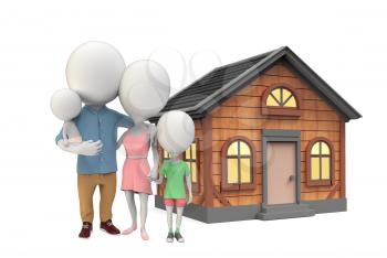 Family of little white persons stand near their house on white background