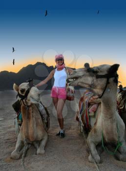 Two camels and happy tourist in desert at night