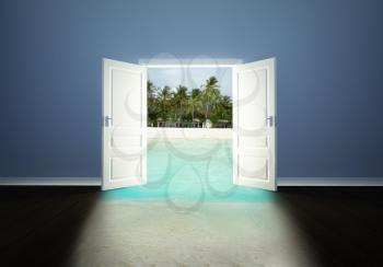 White door open to the tropical beach