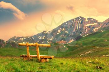 Mountain landscape and wooden bench. National Park in mountains of Montenegro, Europe