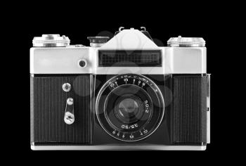 Old photographic camera. Isolated on black background