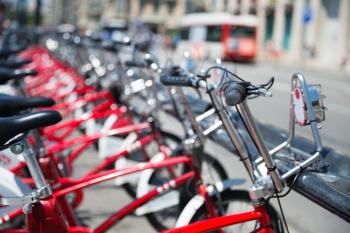 City bicycles for rent parked in Barcelona, Spain