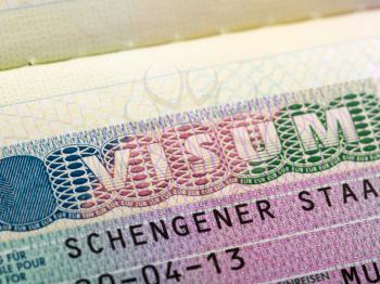 Close up of schengen visa in passport