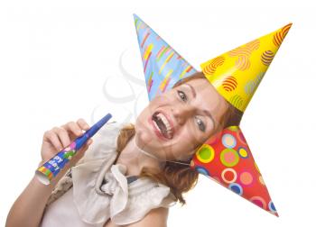 Woman in three party hats with horn