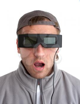 Surprised player with 3-D glasses. Isolated on white