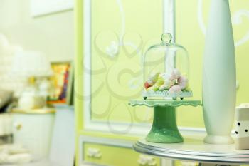 Small candies in room interior closeup