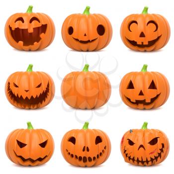 Set of funny Halloween pumpkins on white background