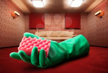 Interior of red vintage room and rubber glove with mop