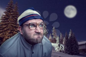 Bearded retro man in glasses in winter mountains at night