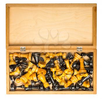 Up view of chess figures in the box 