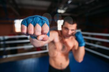 Boxer in blue wrist wraps on the training. Boxing ring on the background. Boxing power.