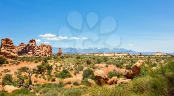 Arches National Park landscape in sunny day. Sandstone natural beauty.