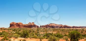 Rocks with blue sky landscape at sunny day in Arches National Park in Utah.