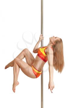 Slim sexy pole dance woman exercising against white background